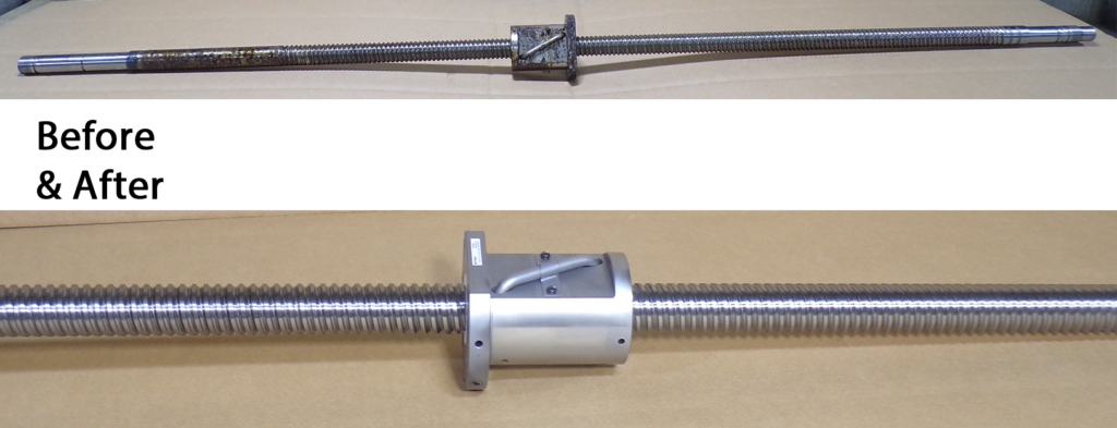 Before and after image showing the repair of a ball screw assembly. The top part of the image depicts a worn-out, rusted ball screw, while the bottom part displays a cleaned and refurbished ball screw assembly, illustrating the effectiveness of the repair process offered by Dynatect.