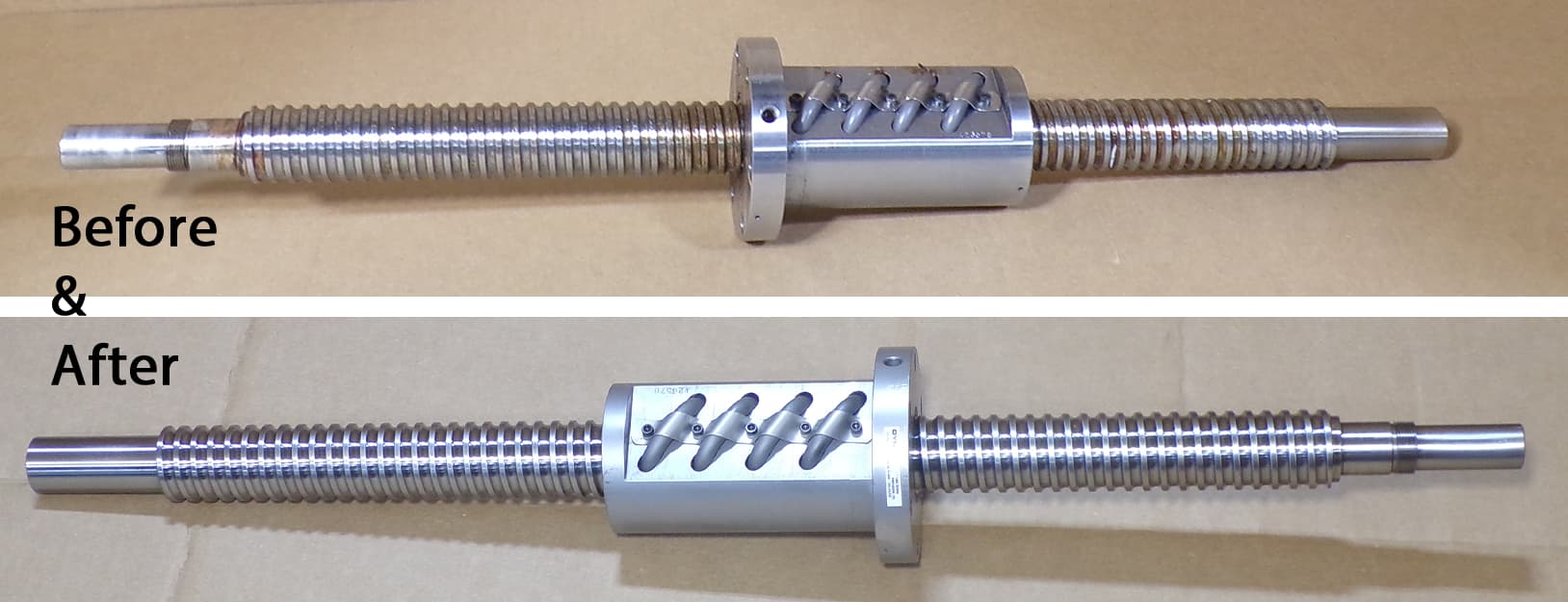 Before and after image showing the repair of a ball screw. 
