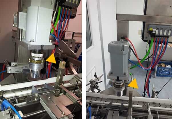 Two images showcase a close-up of a mechanical device with cables in a factory setting, likely featuring the V-Series Slip Clutch. The device appears to be part of a packaging or assembly line, solving capping problems. Colored wires and a metal frame are visible, with yellow arrows highlighting specific sections.