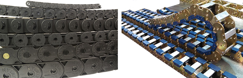 Image displaying two types of cable carrier drag chains: on the left, a stack of black plastic cable carriers with enclosed design, and on the right, a metallic cable carrier with open links and blue separators.