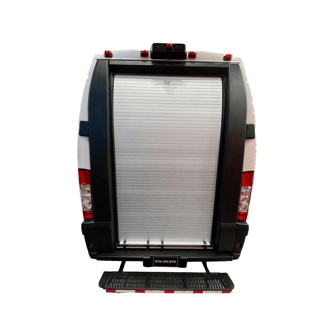 powered roll up door on vehicle