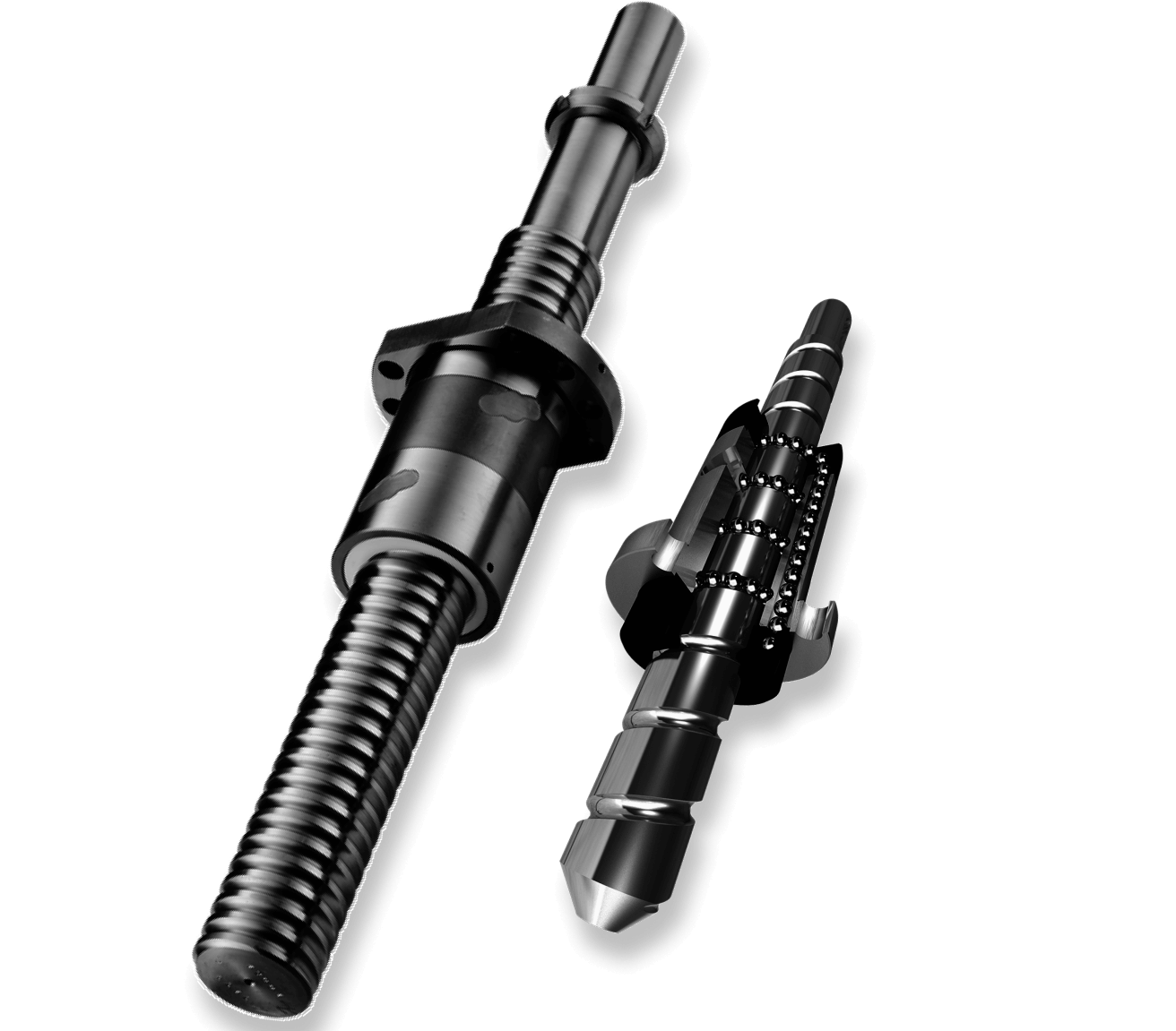 Two mechanical components are displayed, including a large threaded rod with a helical groove and a smaller, intricately designed part. Both appear metallic and have a polished finish, laid out on a plain white background.