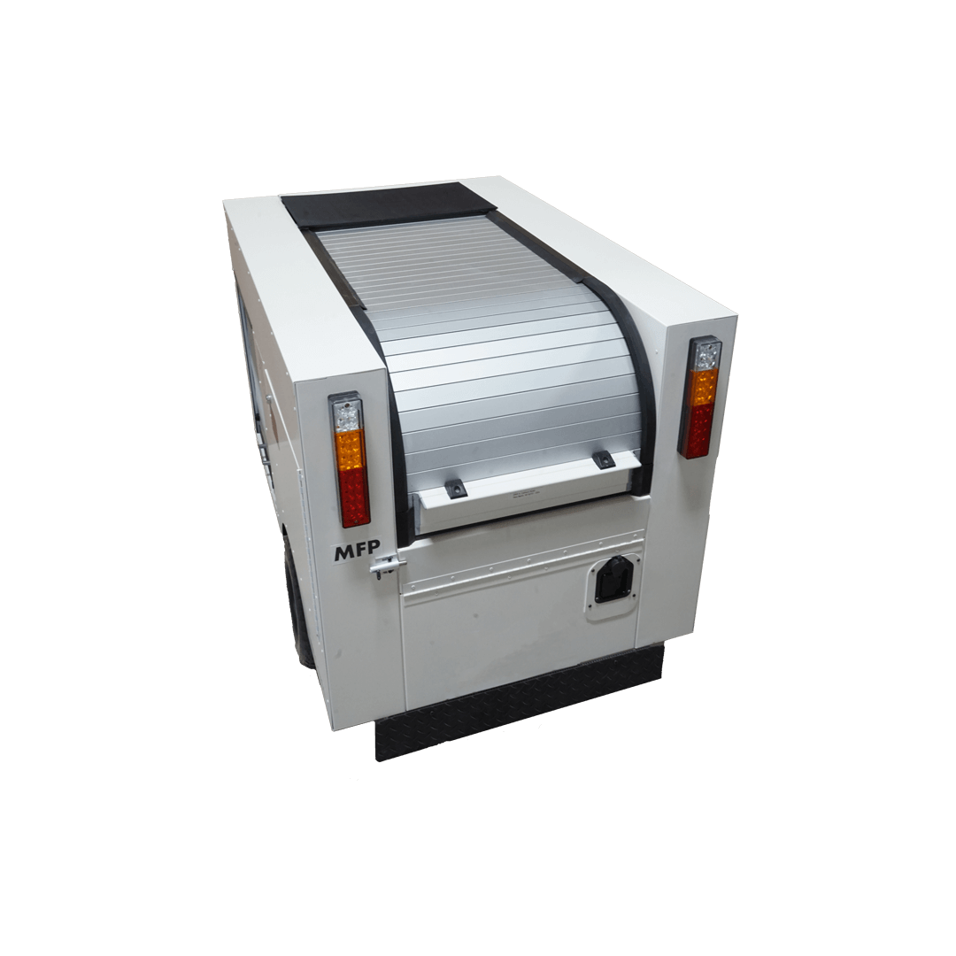 powered roll up door cart display